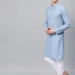 Men Kurta Straight (Blue & White) Printed