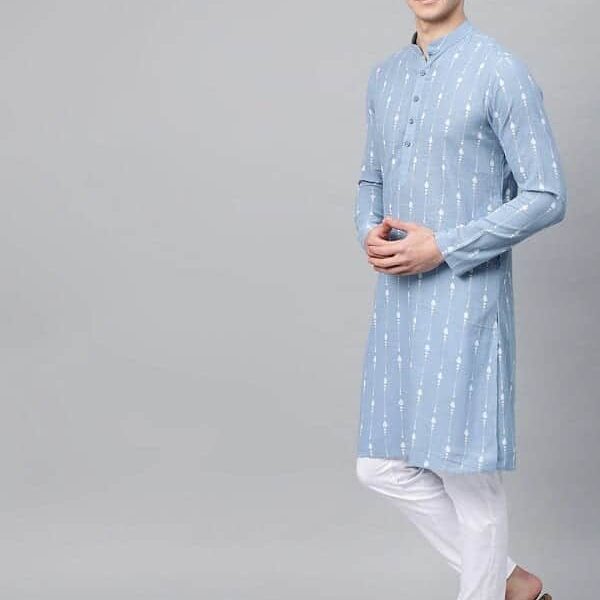 Men Kurta Straight (Blue & White) Printed
